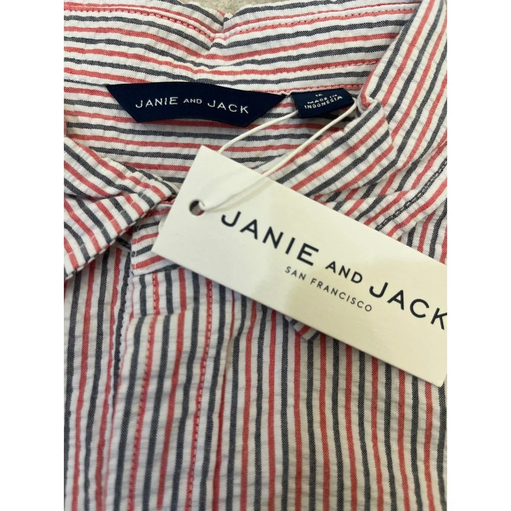 Janie and Jack Kids Boys Seersucker Striped Button Down Size 16‎ Red Navy White